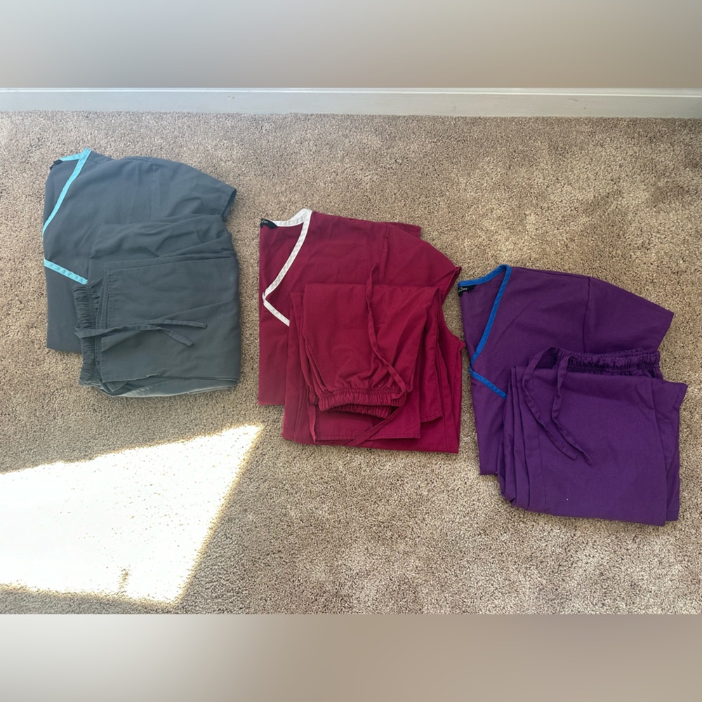 Set of Gray, Red, and Purple Scrubs